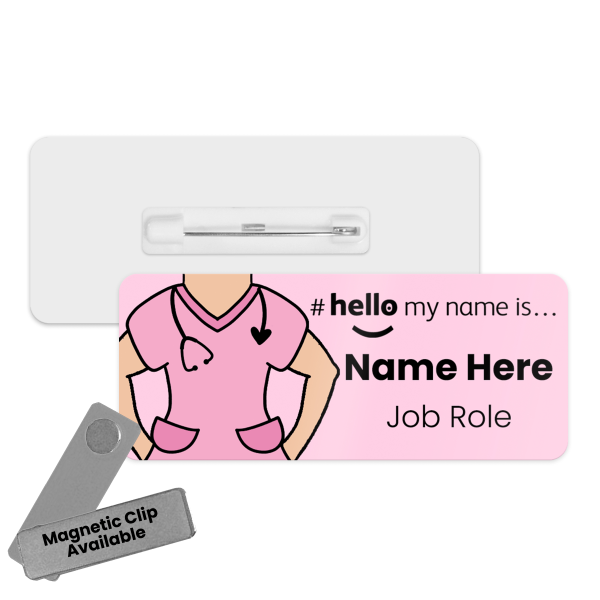 Name Badge - Pink Scrubs Hello My Name is... - Skin Tone 1