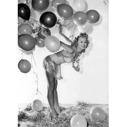 Holy Mackerel woman with balloons retro black and white photographic card featuring a vintage image of party glamour - 12.6 x 17.7cm and blank inside