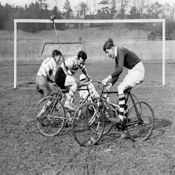 Holy Mackerel polo on bicycles retro black and white photographic card featuring a vintage image of an unusual sport - 12.6 x 17.7cm and blank inside