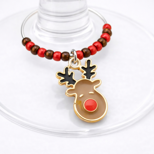 Handmade Wine Glass Charm - Enamel Reindeer Face