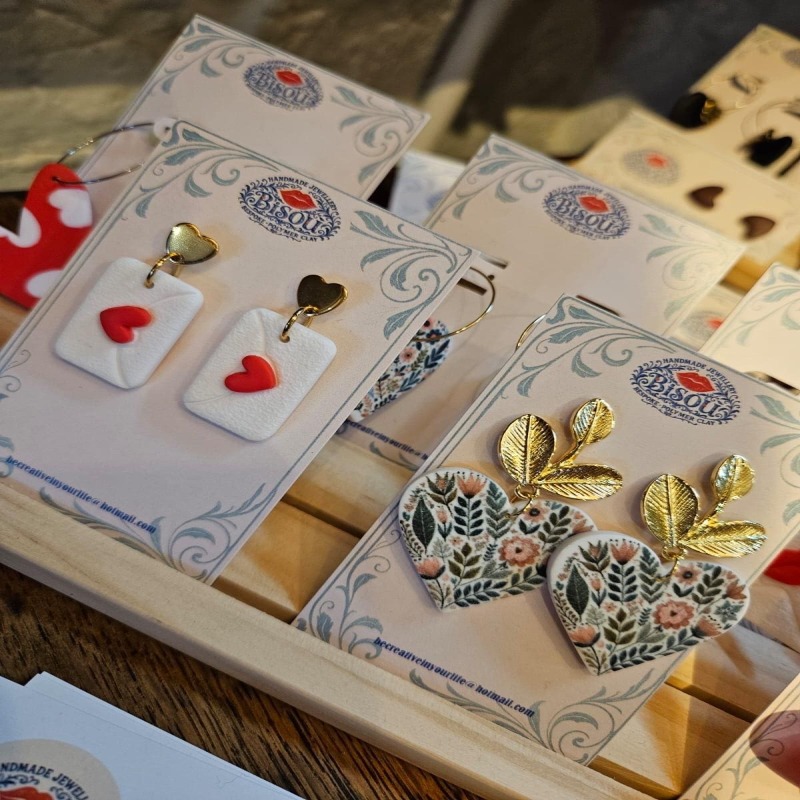 Floral Heart Polymer Clay Earrings &ndash; Botanical Gold Leaf Dangles &ndash; Romantic Statement Jewelry - leaf