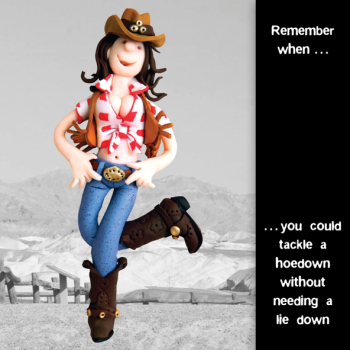 Holy Mackerel hoedown birthday card featuring a woman line dancing - designed by artist Erica Sturla - 15cm square and blank inside for your message - made in the UK