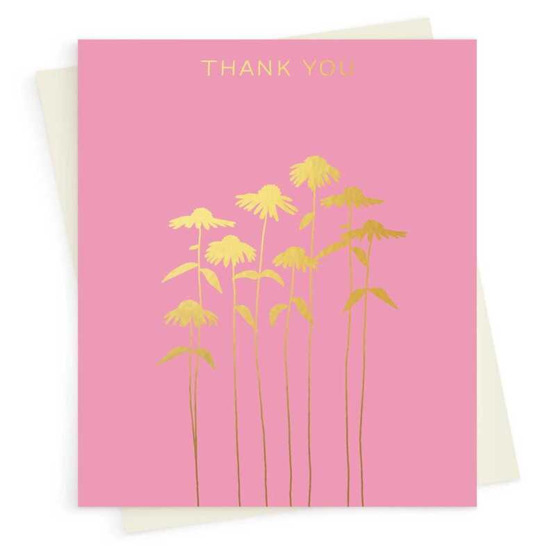 Echinacea Thank you card embellished with gold foil -  designed by artist Eloise Hall - 15.7 x 11cm and blank inside