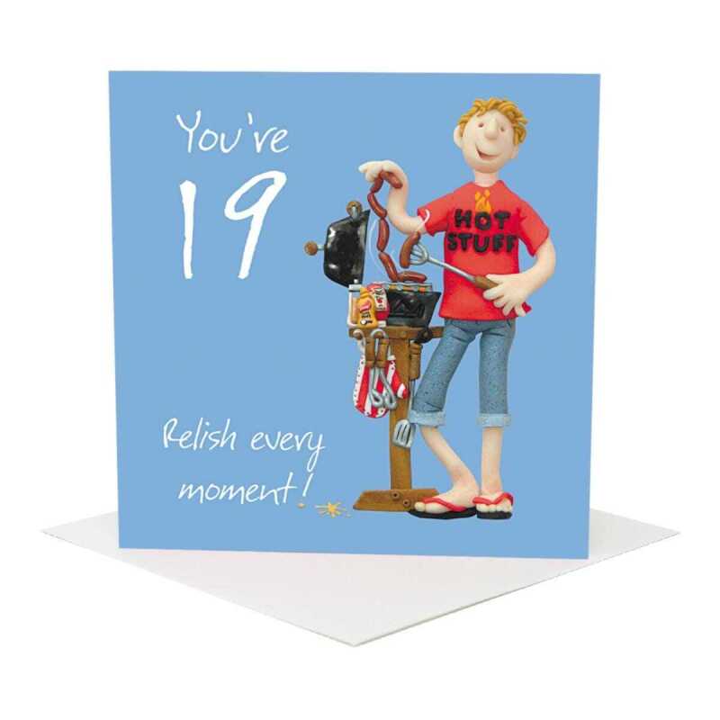 19th birthday card for him - designed by Erica Sturla - 15cm square and blank inside, made in the UK