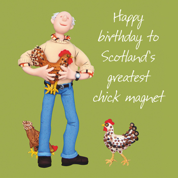 Scotland Chick Magnet Birthday Greetings Card, Designed by Erica Sturla for Holy Mackerel. Card is 150mm Square and Blank Inside.