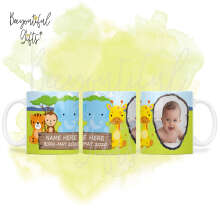 Personalised Birth Announcement Ceramic Mug - Cartoon Safari Animals