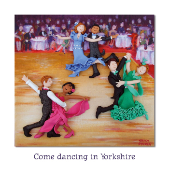 Holy Mackerel Come dancing in Yorkshire greetings card, designed by Erica Sturla Card is 150mm square and blank inside.