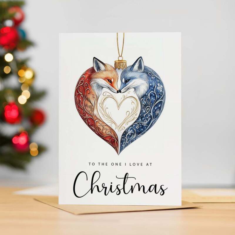Christmas Card For Loved One Foxes Bauble Love Heart Illustration Romantic Christmas Card For The One I Love - Portrait (5x7) / Blank Inside