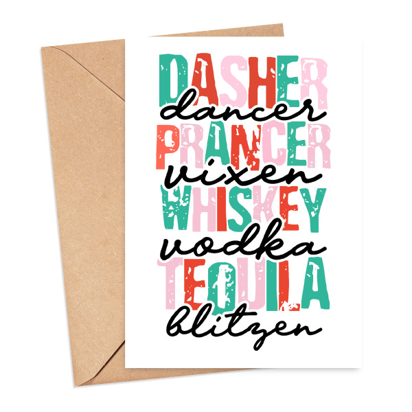 Christmas Card - Retro Drunk Reindeer Names - Small (Approx. A6 | 105mm x 148mm | 4.1in x 5.8in) - Standard Smooth Card