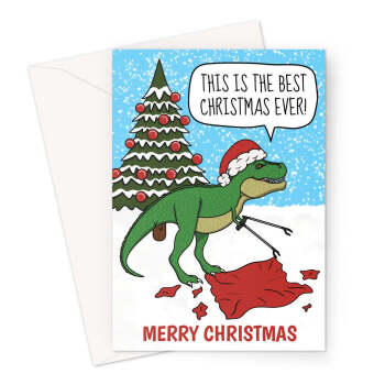 Funny T-Rex Christmas Card - Dinosaur Litter Pickers