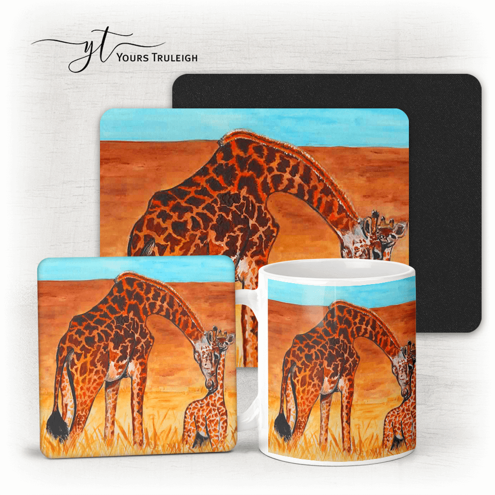 Giraffe - Ceramic Mug, Hardboard Coaster & Placemat Set - Giraffe