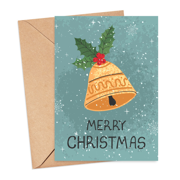 Christmas Card - Watercolour Merry Christmas Bell - Small (Approx. A6 | 105mm x 148mm | 4.1in x 5.8in) - Standard Smooth Card