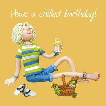 Holy Mackerel Have a Chilled Birthday female birthday greetings card designed by Erica Sturla, for mum, auntie, sister, niece etc. Card is 15cm square and blank inside for your own message