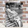 Waiting for Gladys - retro black and white themed card featuring a lady asleep on a bench - 12.6 x 17.7cm and blank inside - made in the UK