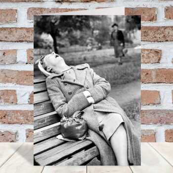 Waiting for Gladys - retro black and white themed card featuring a lady asleep on a bench - 12.6 x 17.7cm and blank inside - made in the UK