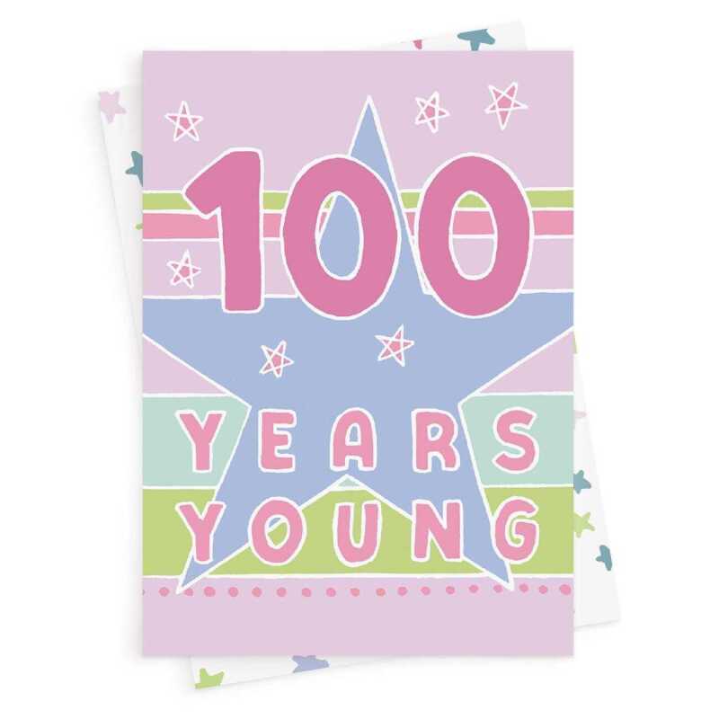 100 years young, a bright and fun 100th birthday card with a gorgeous printed envelope - 12 x 17cm and blank inside - made in the UK