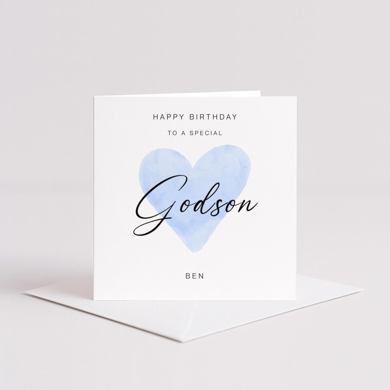 Godsons birthday card personalised blue heart design custom name handmade minimalist greeting - Smooth No Message - Kraft Brown