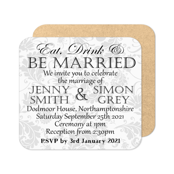 Personalised Save The Date Coaster - Vintage Eat Drink & Be Married - Standard Wooden Coaster