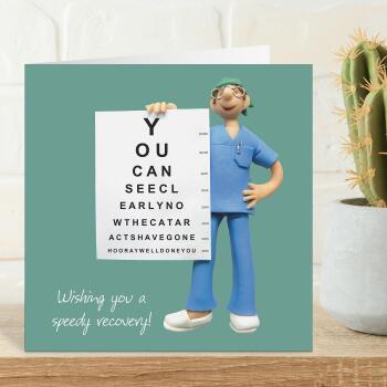 Funny cataract op card to send get well wishes - designed by Erica Sturla - 15cm square and blank inside, made in the UK