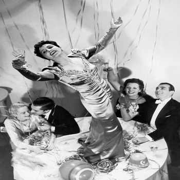 Holy Mackerel cheers retro black and white photographic card featuring a vintage image of dancing on tables at a party - 12.6 x 17.7cm and blank inside