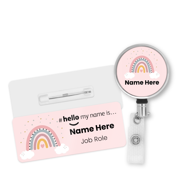 Name Badge & Metal ID Reel - Pink Rainbow Hello My Name is...