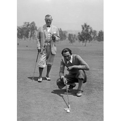 Holy Mackerel golfers retro black and white photographic card featuring a vintage image of two men in plus fours asessing a putt - 12.6 x 17.7cm and blank inside