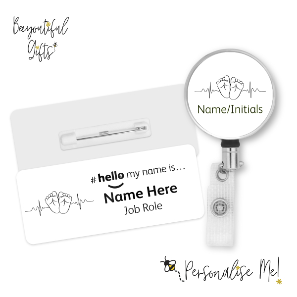 #hello my name is... Name Badge & Metal ID Reel - Baby Feet Heartbeat