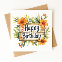 Birthday Card - Happy Birthday Orange Florals - Standard Smooth Card