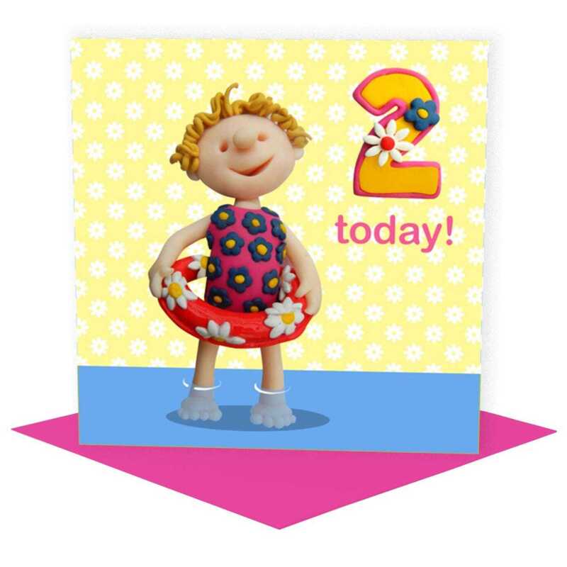 Birthday girl age 2 in paddling pool - child's age birthday - designed by Erica Sturla - 15cm square and blank inside, made in the UK