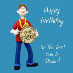 Holy Mackerel Best son in Devon birthday greetings card, designed by Erica Sturla Card is 150mm square and blank inside.