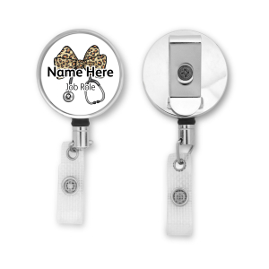 Personalised Metal ID Reel - Leopard Coquette Bow Ribbon