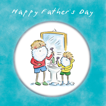 Holy Mackerel Dad and Son shaving, a 15cm square Father's Day card featuring Rosie Brooks artwork, blank inside for your message