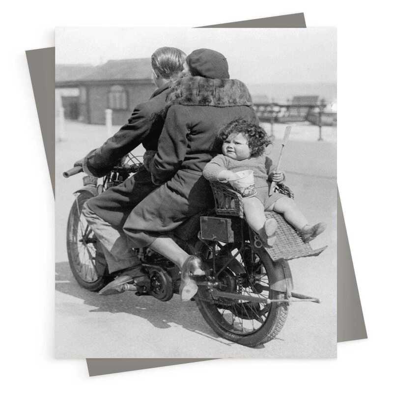 Toddler on the back of a motorbike - vintage black and white themed card - 12.6 x 17.7cm and blank inside - made in the UK