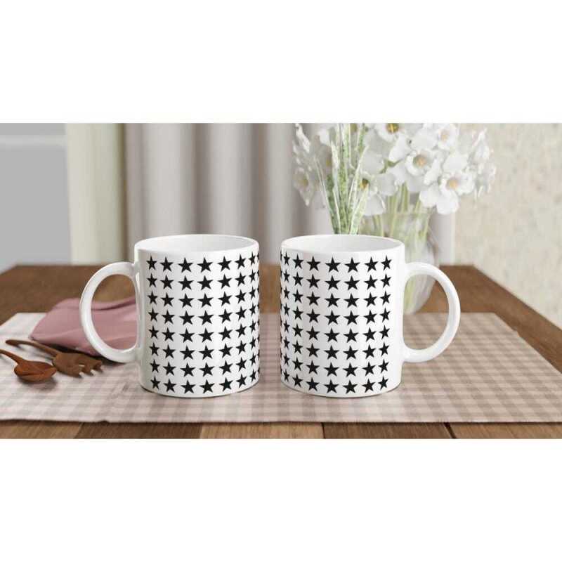 Black Star In Lines Patterned Mug - Ceramic White