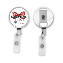 Personalised Metal ID Reel - Hearts Red Coquette Bow Ribbon