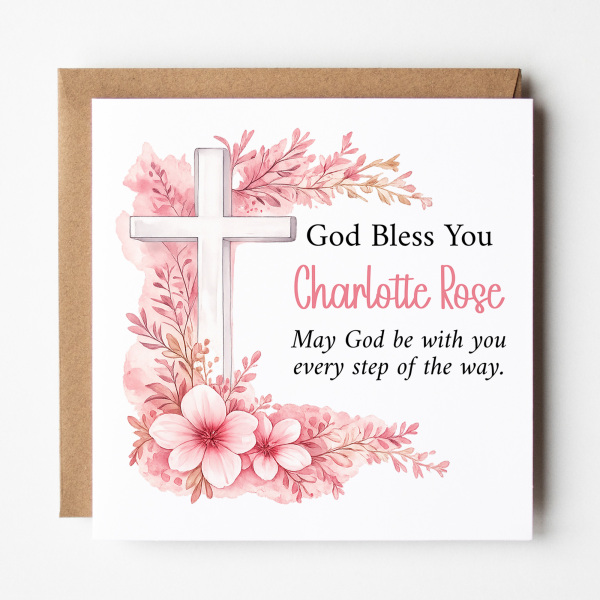 Personalised Baptism Card - God Bless You - Pink Floral Cross - Standard Smooth Card