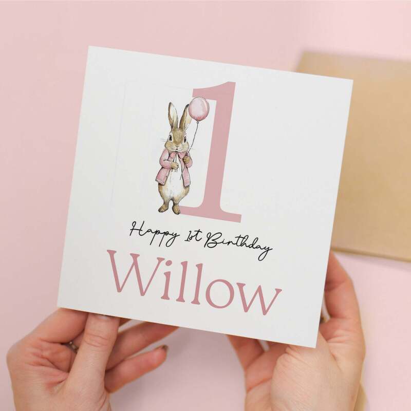 Personalised Girls 1st Birthday Card For Girl Featuring A Cute Bunny In Pink Custom First Birthday Gift - Square (5.5x5.5) / Blank Inside