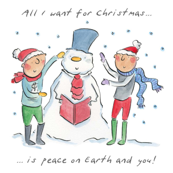 Peace on Earth and you (male), a 150mm square festive Christmas greetings card featuring Rosie Brooks artwork, message inside reads Merry Christmas