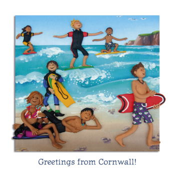 Holy Mackerel Greetings from Cornwall, a Cornwall themed regional greetings card, designed by Erica Sturla Card is 150mm square and blank inside.