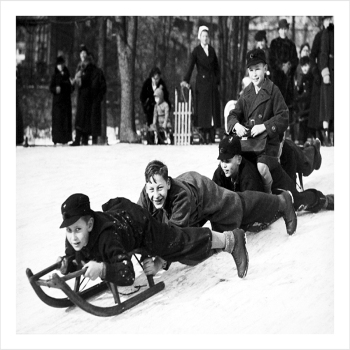 Boys on Sledge - a 17.5 x 12.5cm Christmas Card from Holy Mackerel's Alternative Image Range of Festive Designs.