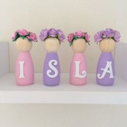Personalised Wooden Peg Dolls,New Baby Gift,Pink & Grey Nursery,Flowergirl gift
