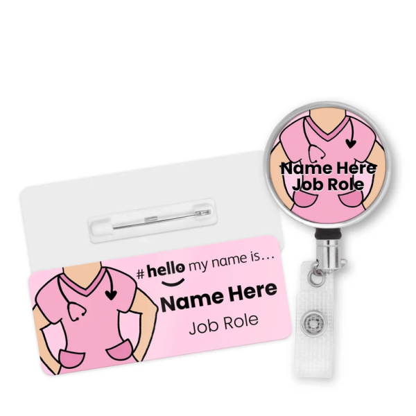 Name Badge & Metal ID Reel - Pink Scrubs Hello My Name is... - Skin Tone 1