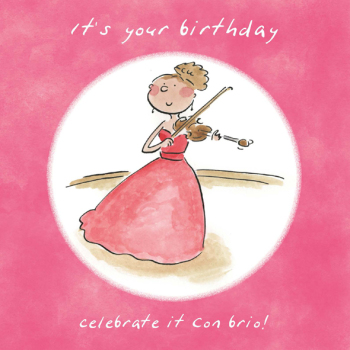 Violin con brio Music Themed Birthday Greetings Card by Artist Rosie Brooks. Card is 150mm Square.