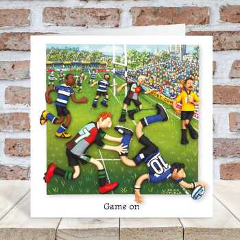 Game on, blank rugby themed card - designed by Erica Sturla - 15cm square and blank inside, made in the UK