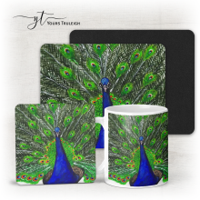 Peacock - Ceramic Mug, Hardboard Coaster & Placemat Set - Peacock