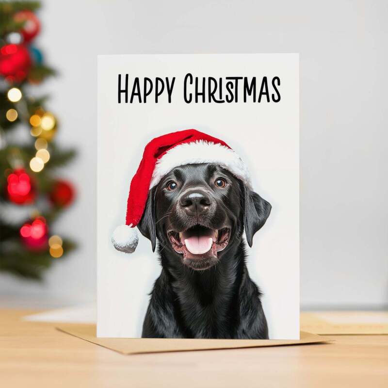 5 x Fun Christmas Card of a Black Labrador Dog Wearing A Santa Hat Whimsical Christmas Card For Animal Lover For Him or Her - Small (4x6) / Pack of 5