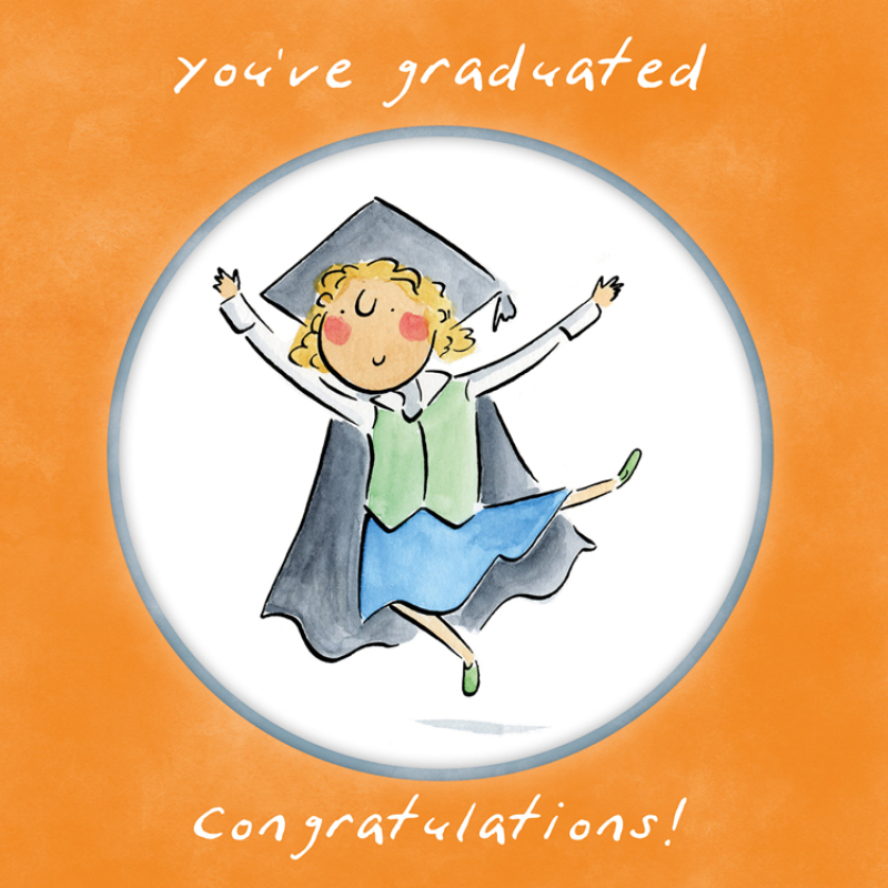Holy Mackerel You've graduated (female), a 15cm square university or college graduation card featuring Rosie Brooks artwork, blank inside for your message