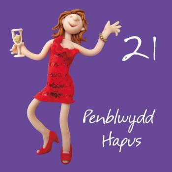 Penblwydd hapus, 21st female Welsh language age birthday card by Erica Sturla. Card is 15cm square and blank inside