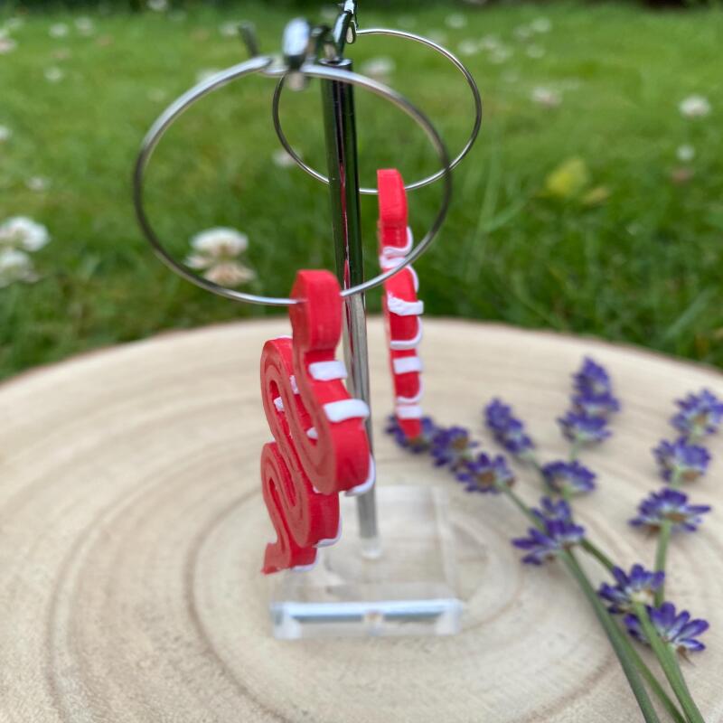 Red & White Striped Kingsnake Earrings: 50s Rockabilly Clay Jewelry - silver