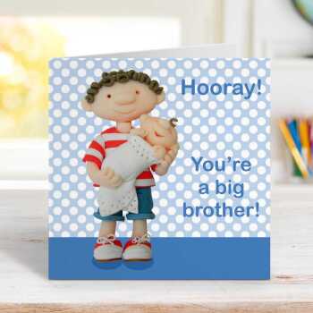 Hooray you're a big brother - new sibling card for a little boy - designed by Erica Sturla - 15cm square and blank inside, made in the UK